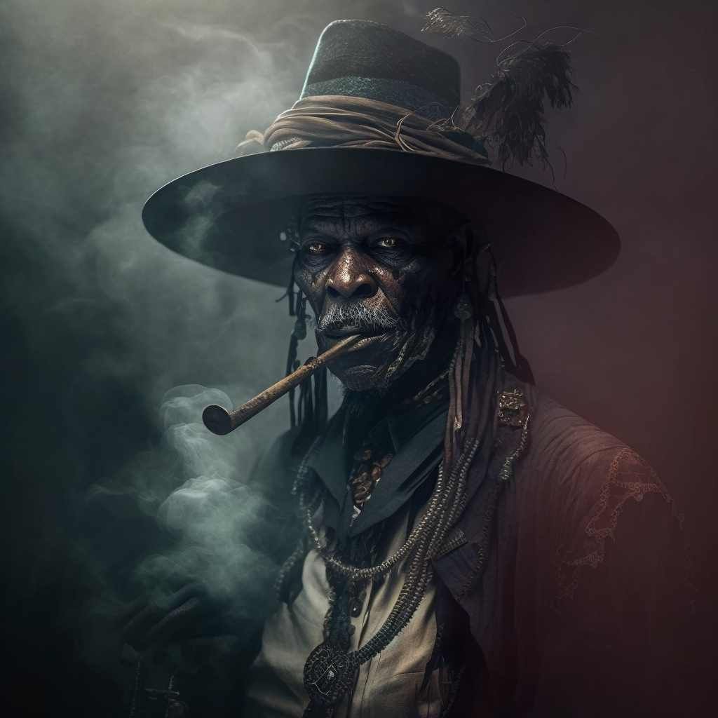 Papa legba ; Baron samedi ; puffing on a to tobacco pipe ; voodoo satanic pentagram backdrop tapestry ; 8k ; 