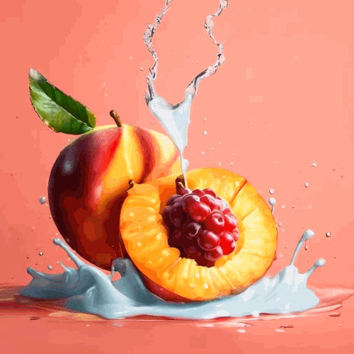 A Halved Peach With a Cluster of Red Raspberries