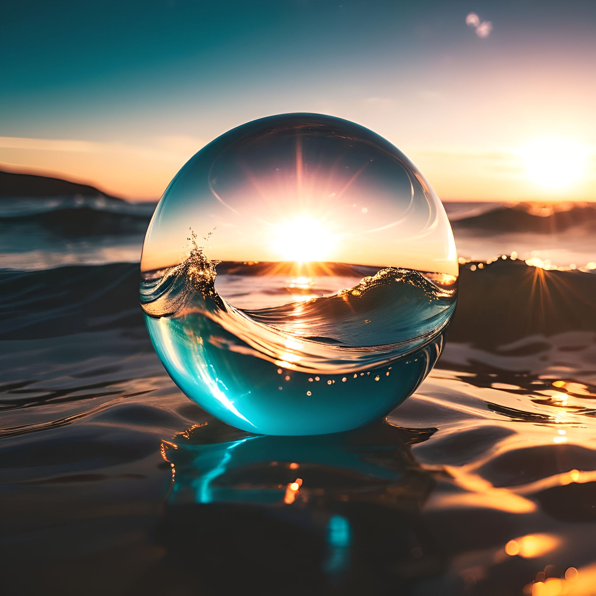 A Crystal Ball With Waves inside, in the Ocean
