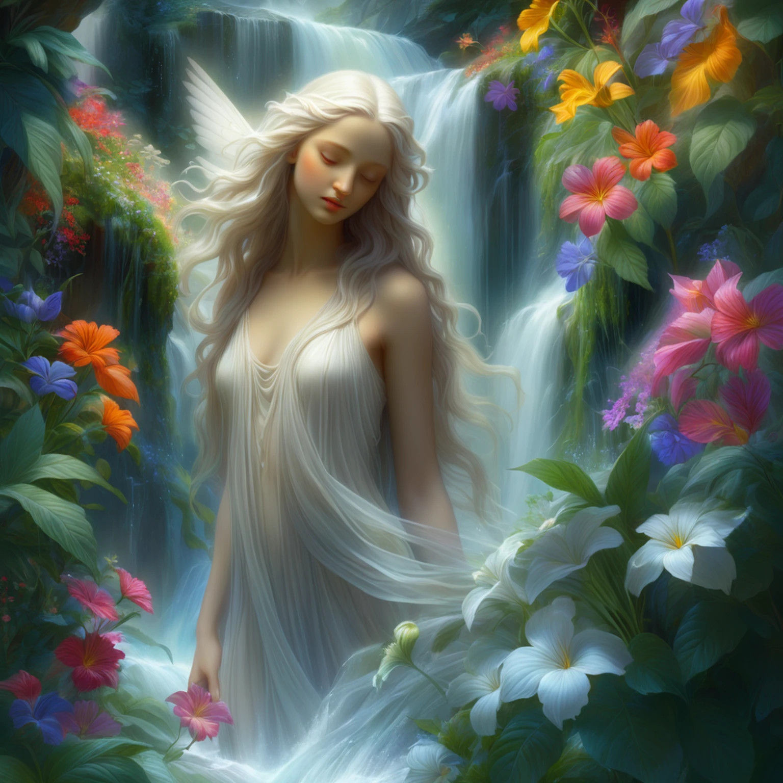 An Angel Merges with Waterfall in Dreamy Landscape