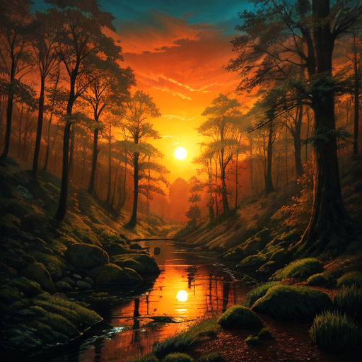 A Serene Forest Scene at Sunset,