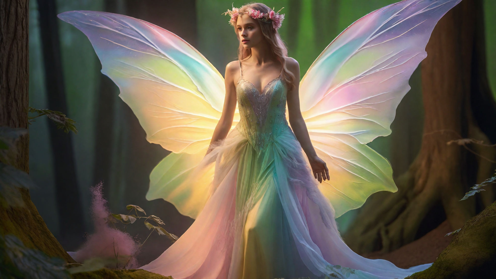 A fairy stands in a mystical forest, her iridescent wings shimmering with a soft, ethereal glow. The wings are a breathtaking blend of pinks...