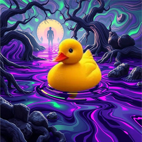 Surreal Yellow Duck in a Hypnotic, Purplish-Green River
