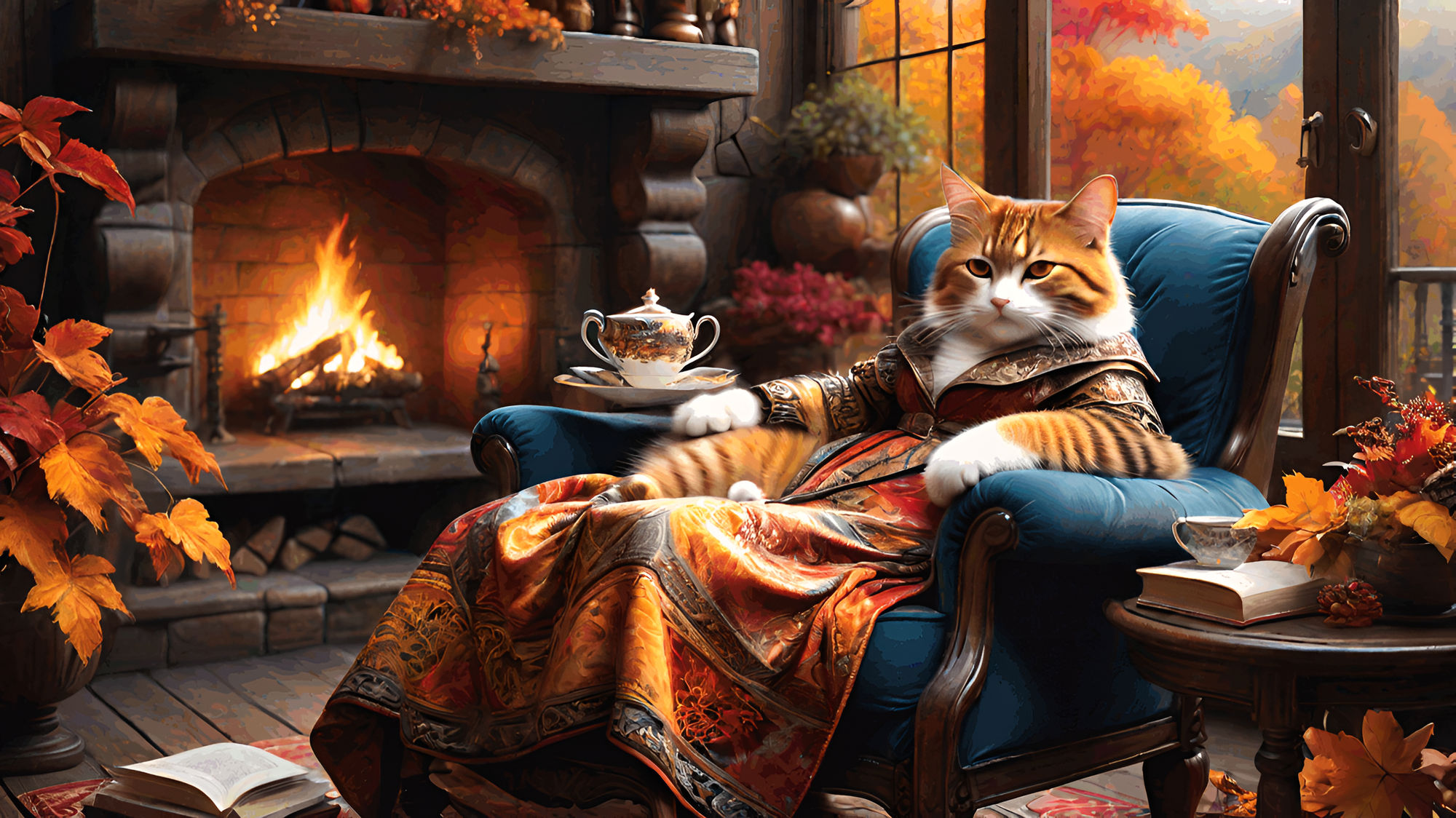 Cat in a Robe Sits in a Plush Armchair