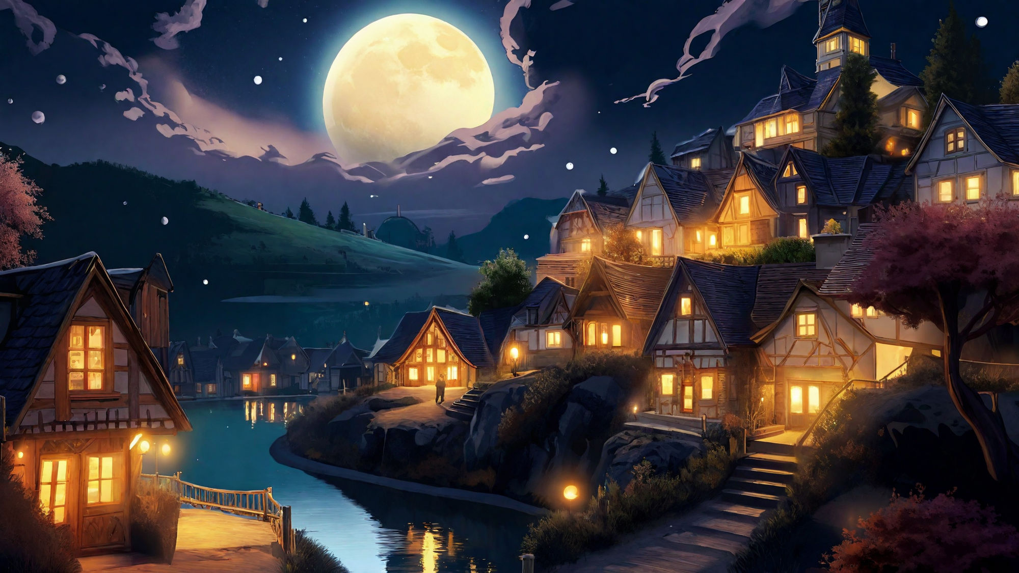 A Picturesque Village at Night