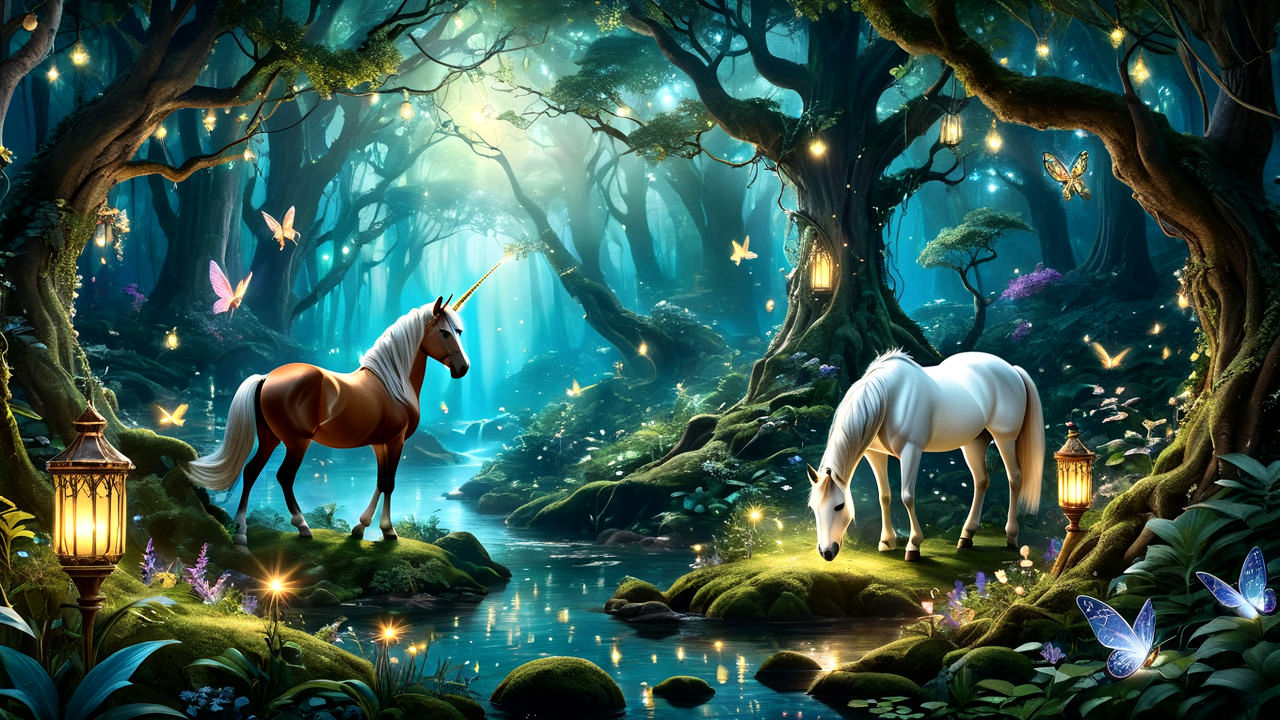 A Mystical Enchanted Forest With Two Horses.