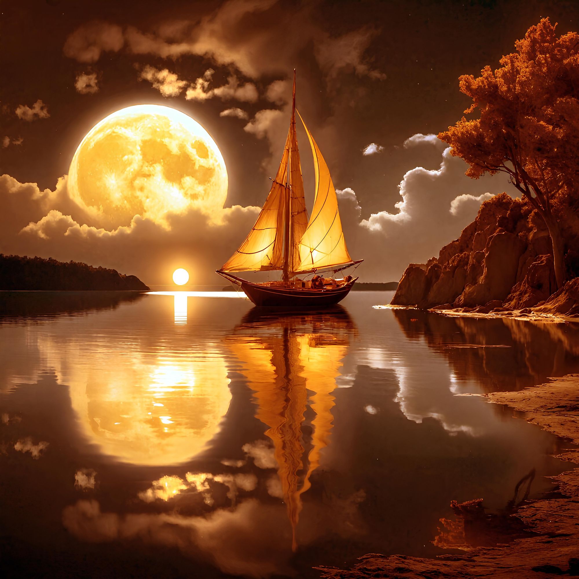 A Full Moon Casting ts Glow Over a Boat