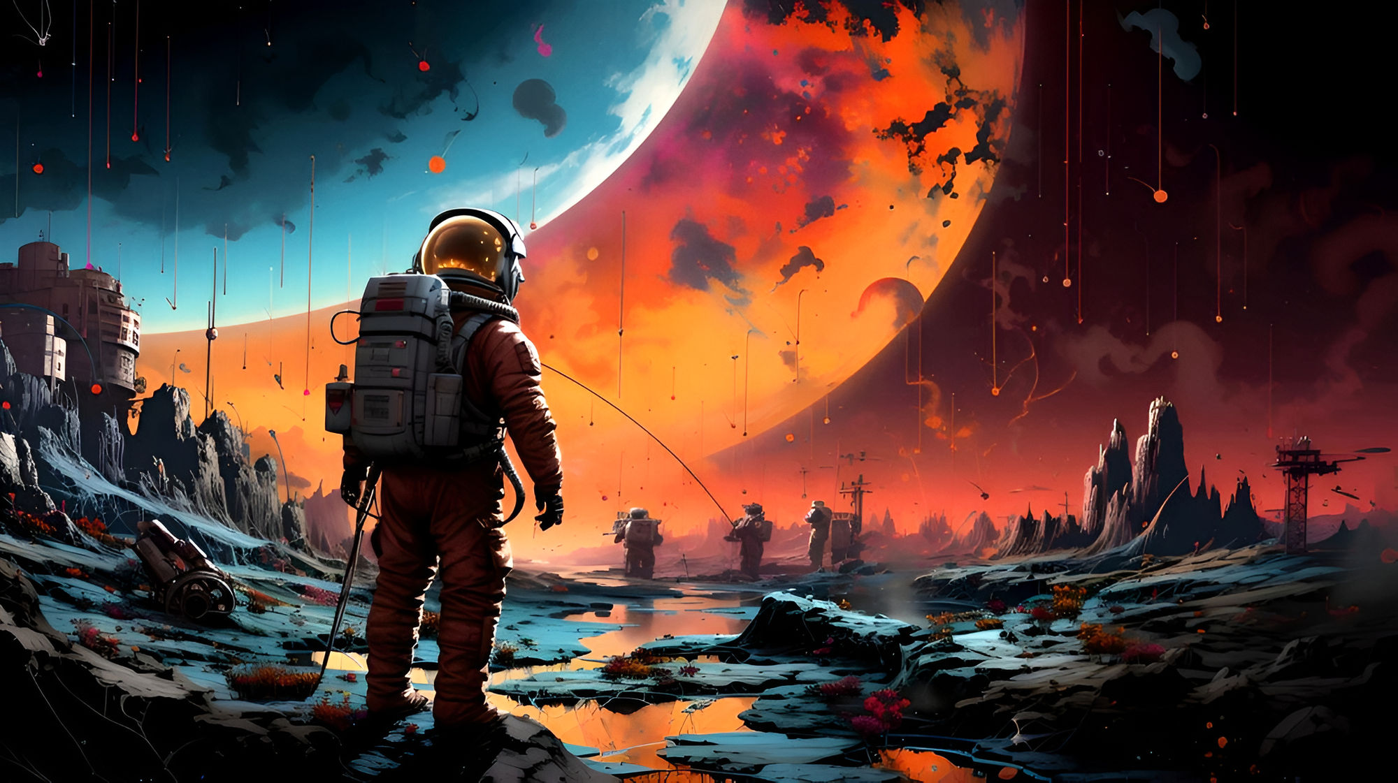 An Astronaut Stands on a Desolate Alien Landscape