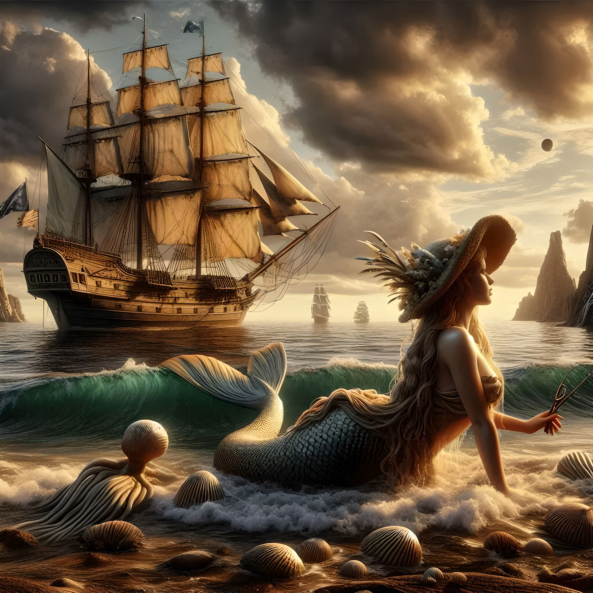 Mermaid Gazing at Ship in Distant Horizon