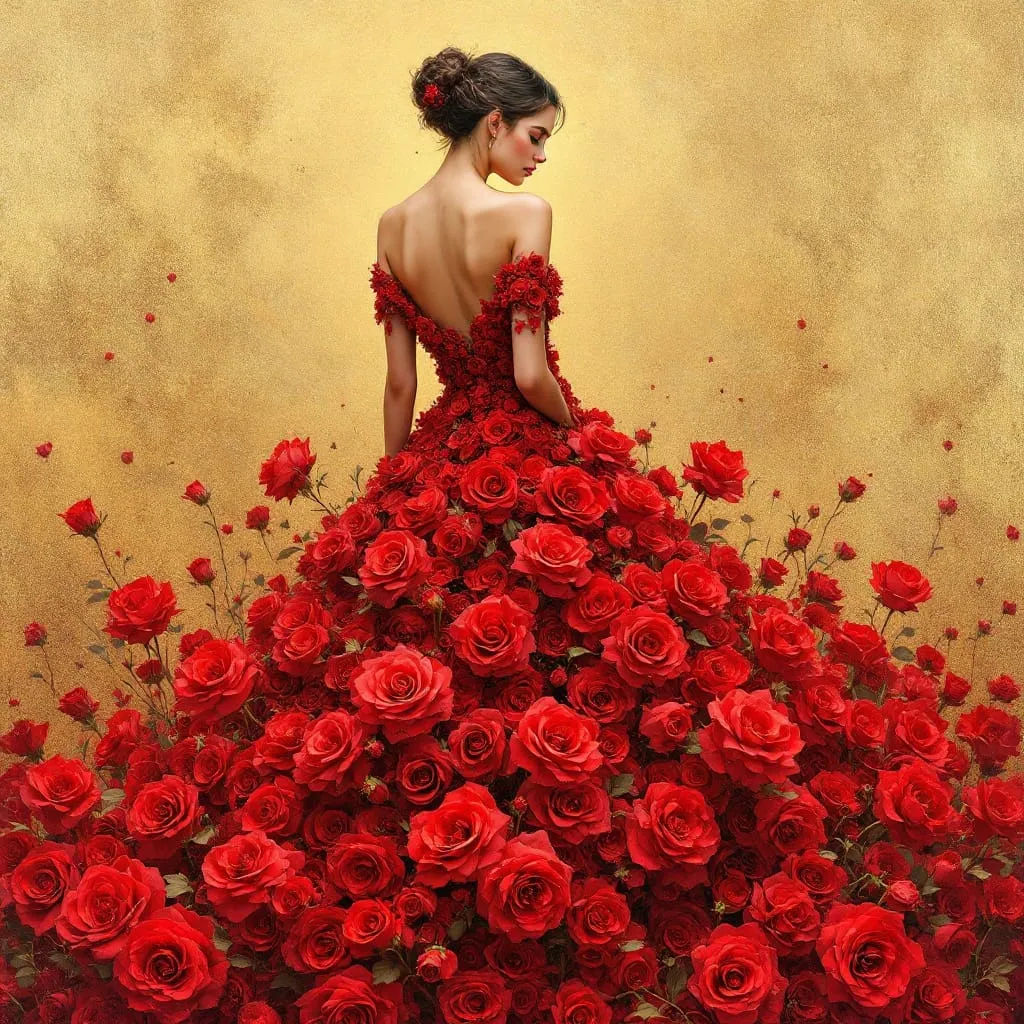 A Woman in a Red Dress with Red Roses