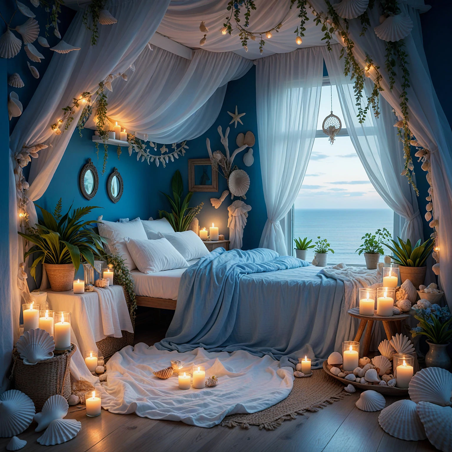 A cozy and whimsical bedroom scene with a large window that lets in soft light, revealing a view of the sky. The room is adorned with blue w...