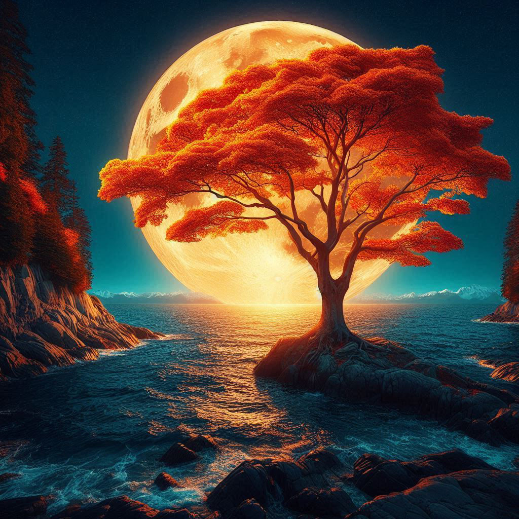 A Tree in Autumn Stands on a Cliff Overlooking the Ocean