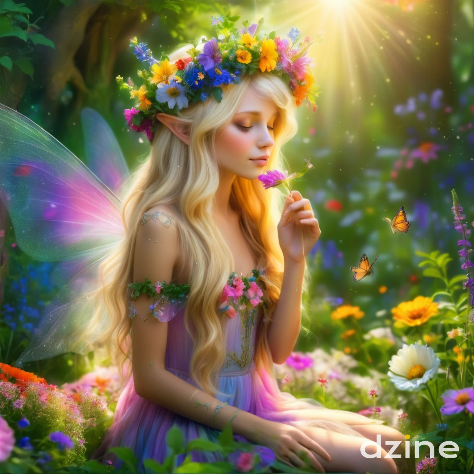 A Fairy Sits With Eyes Closed in a Garden