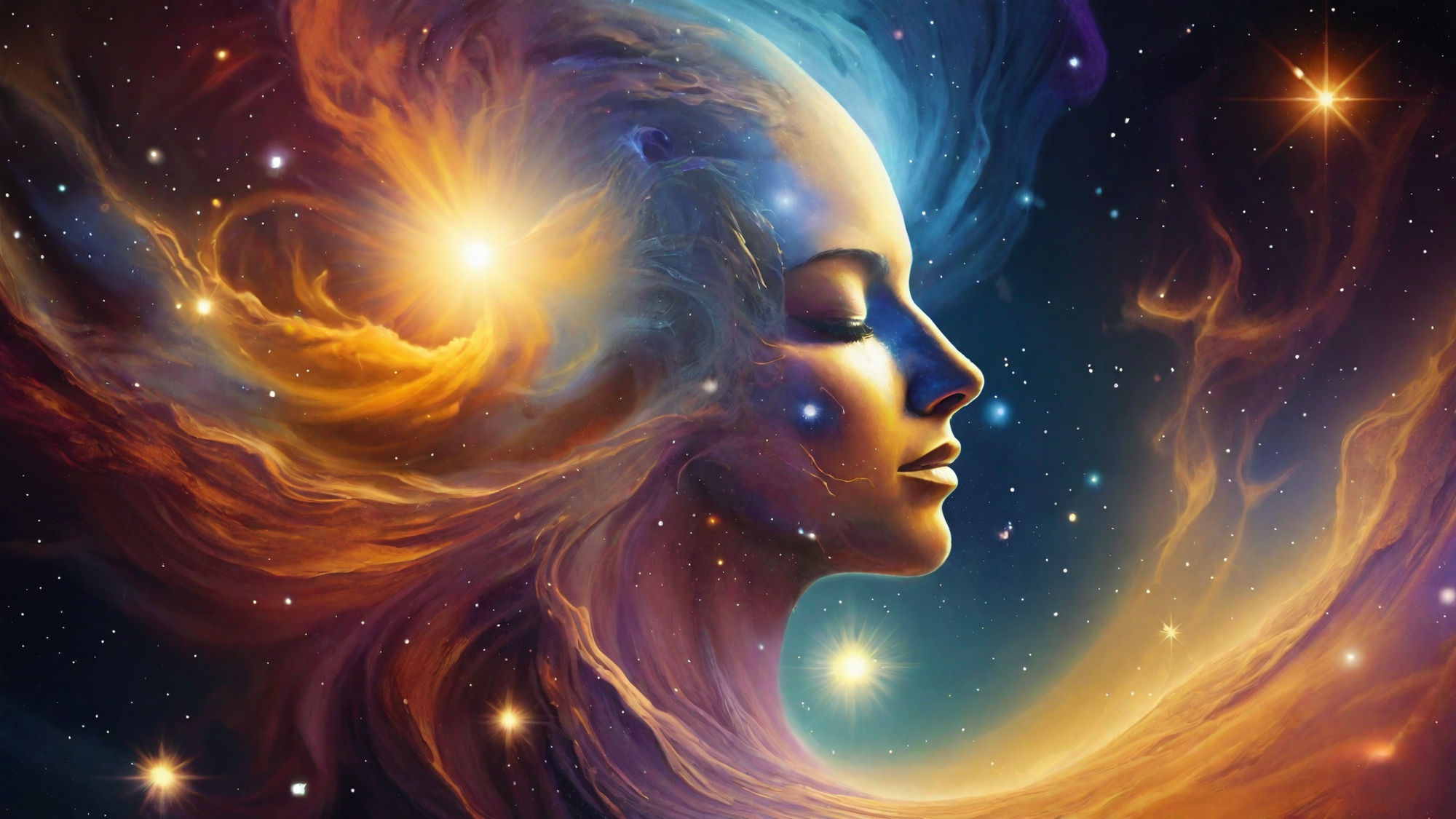 Ethereal Woman Emerges from Vibrant Cosmic Landscape