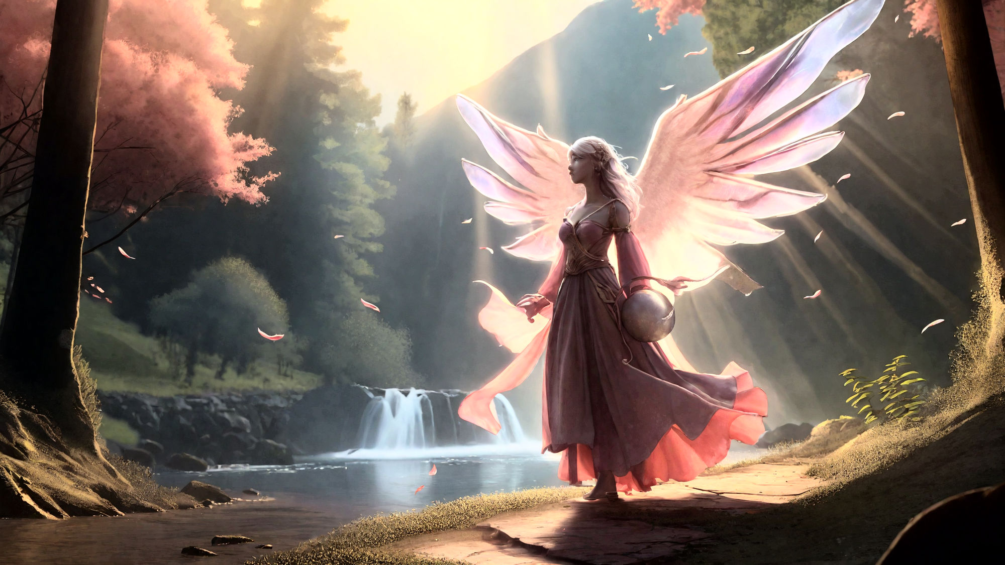 An Angel With White Hair and Pink Dress