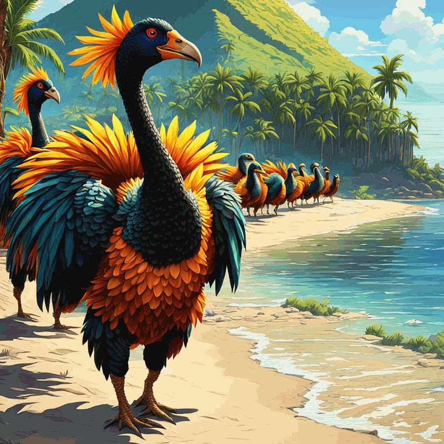 Dodos With Vibrant Feathers Move in a Conga Line