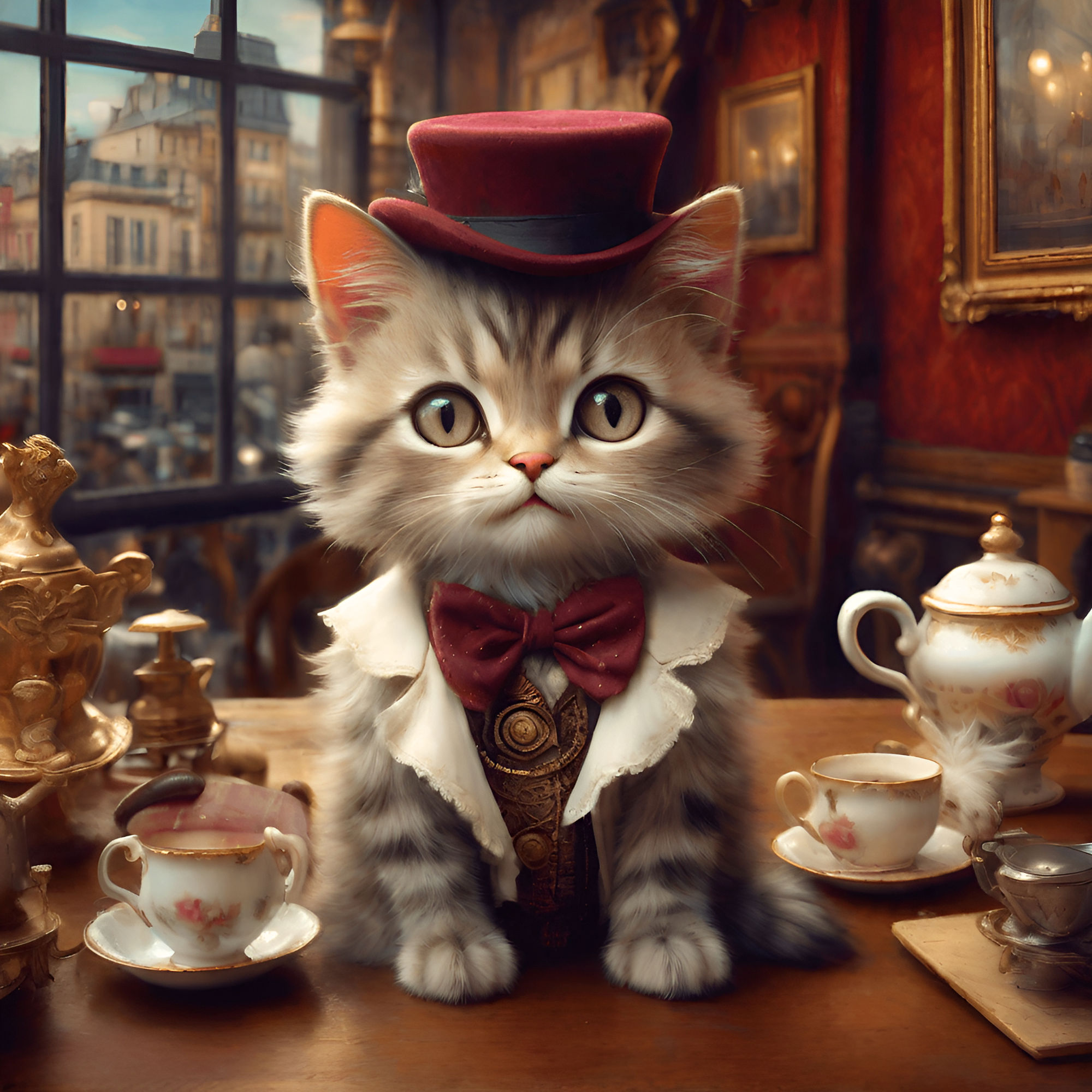 Cat in a Burgundy Top Hat, Shirt, and Bow Tie