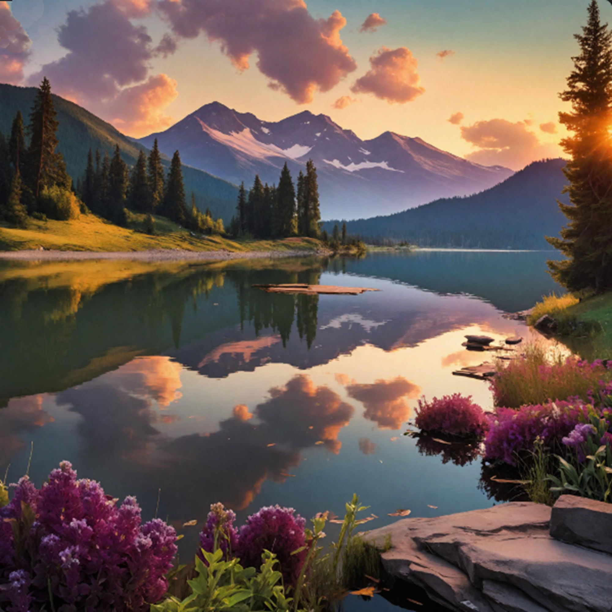 Wildflowers on the Shoreline of a Mountain Lake