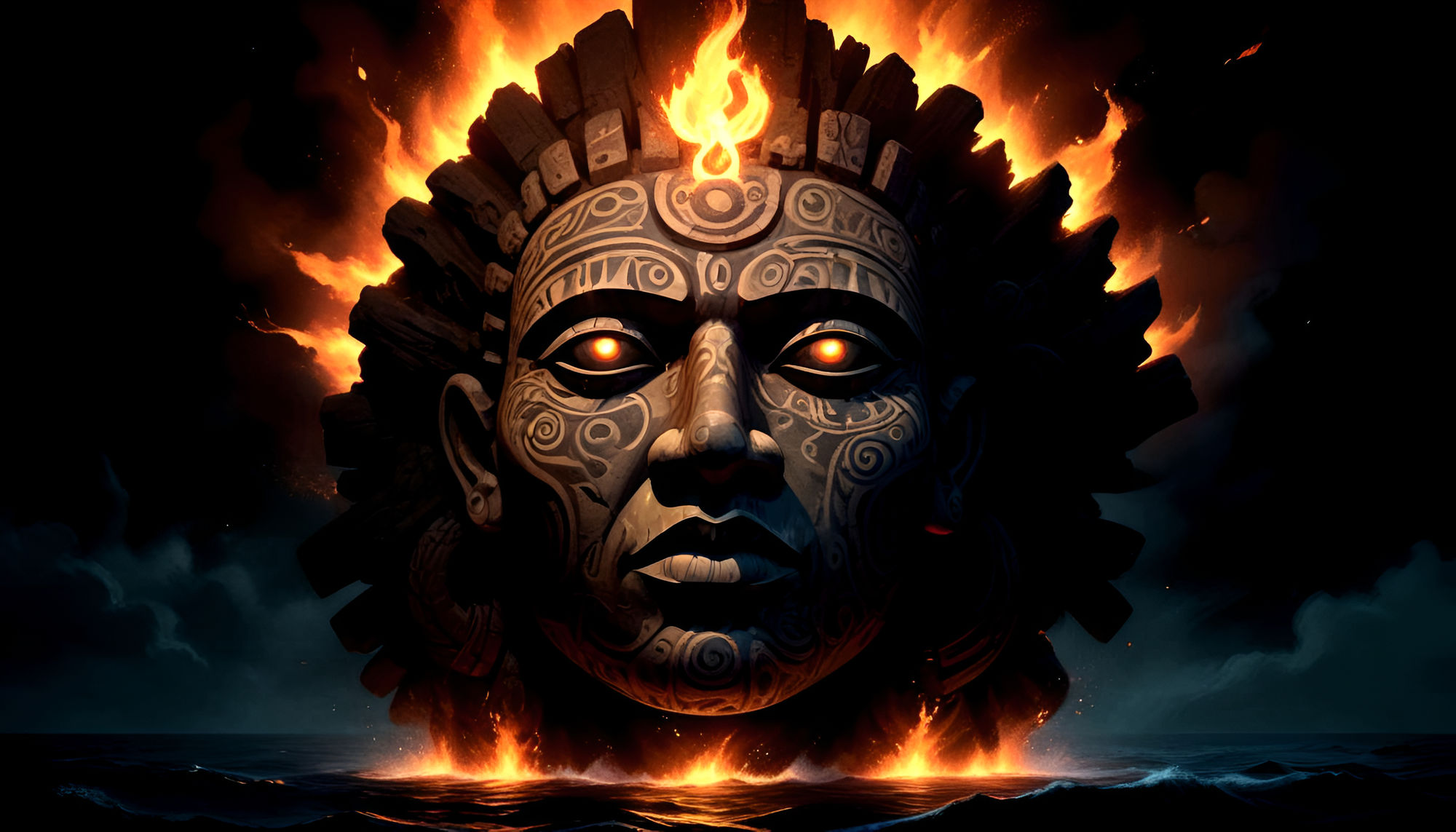 A Stone Face With Intricate Carvings and Glowing Eyes