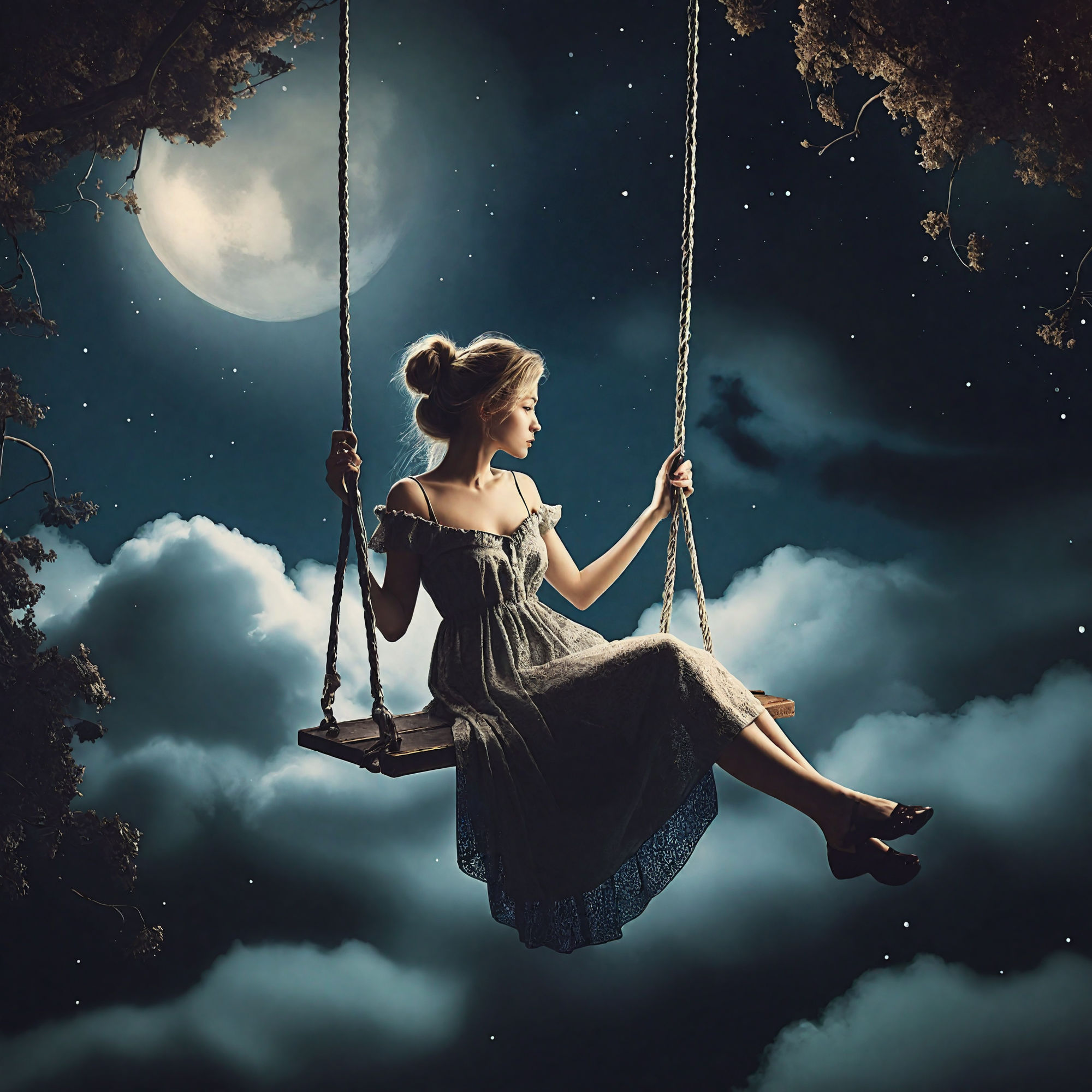 A Woman on a Swing With the Moon in the Sky