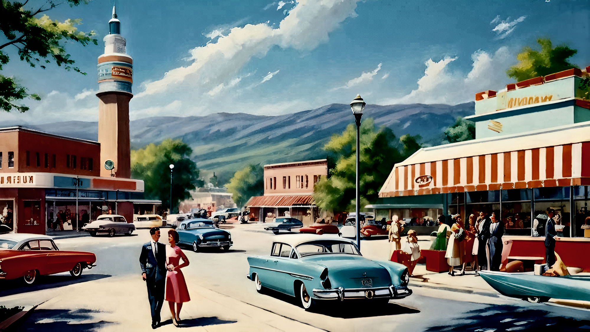 A 1960s Town Main Street Scene, Couple Walking