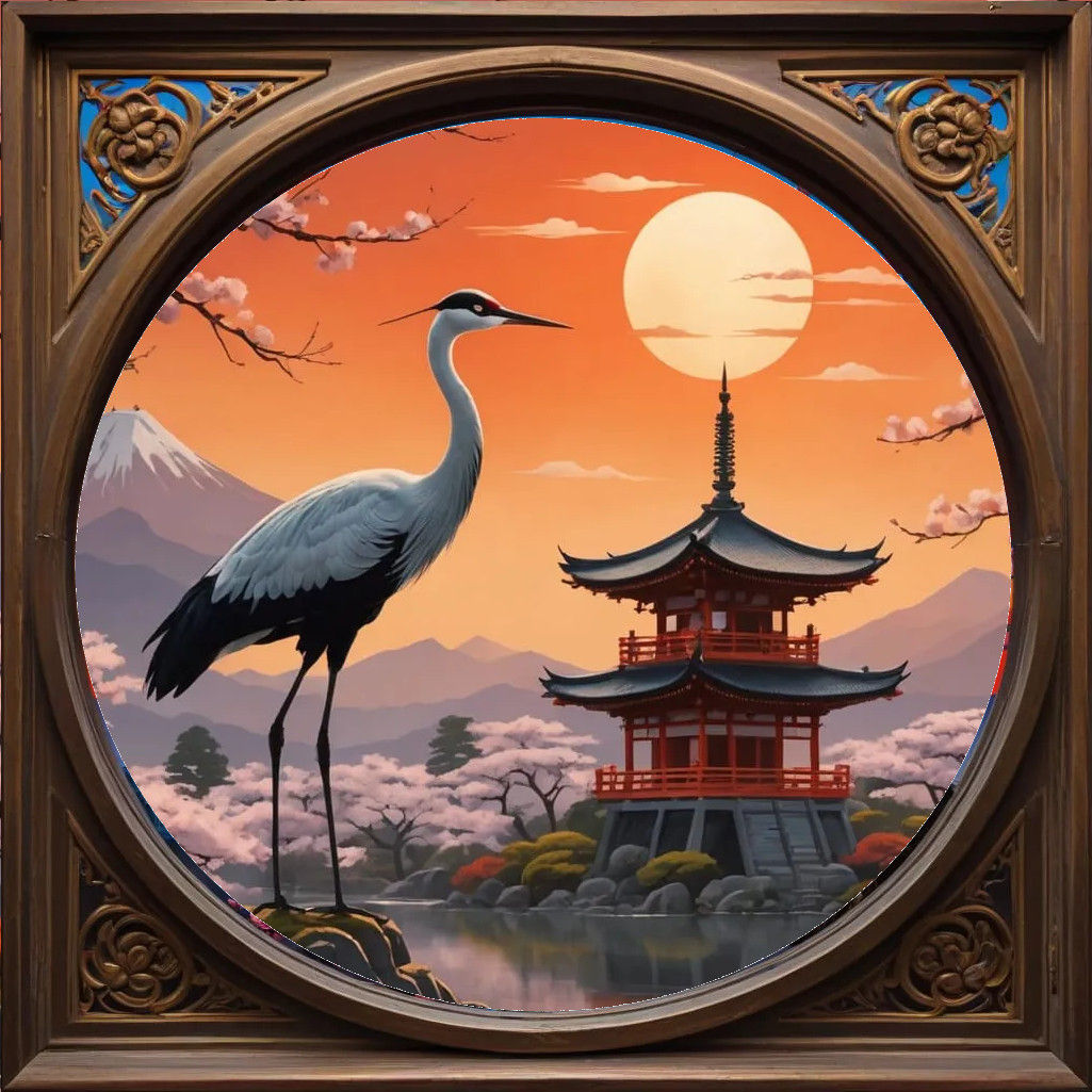 Serene Crane in Traditional Japanese Landscape