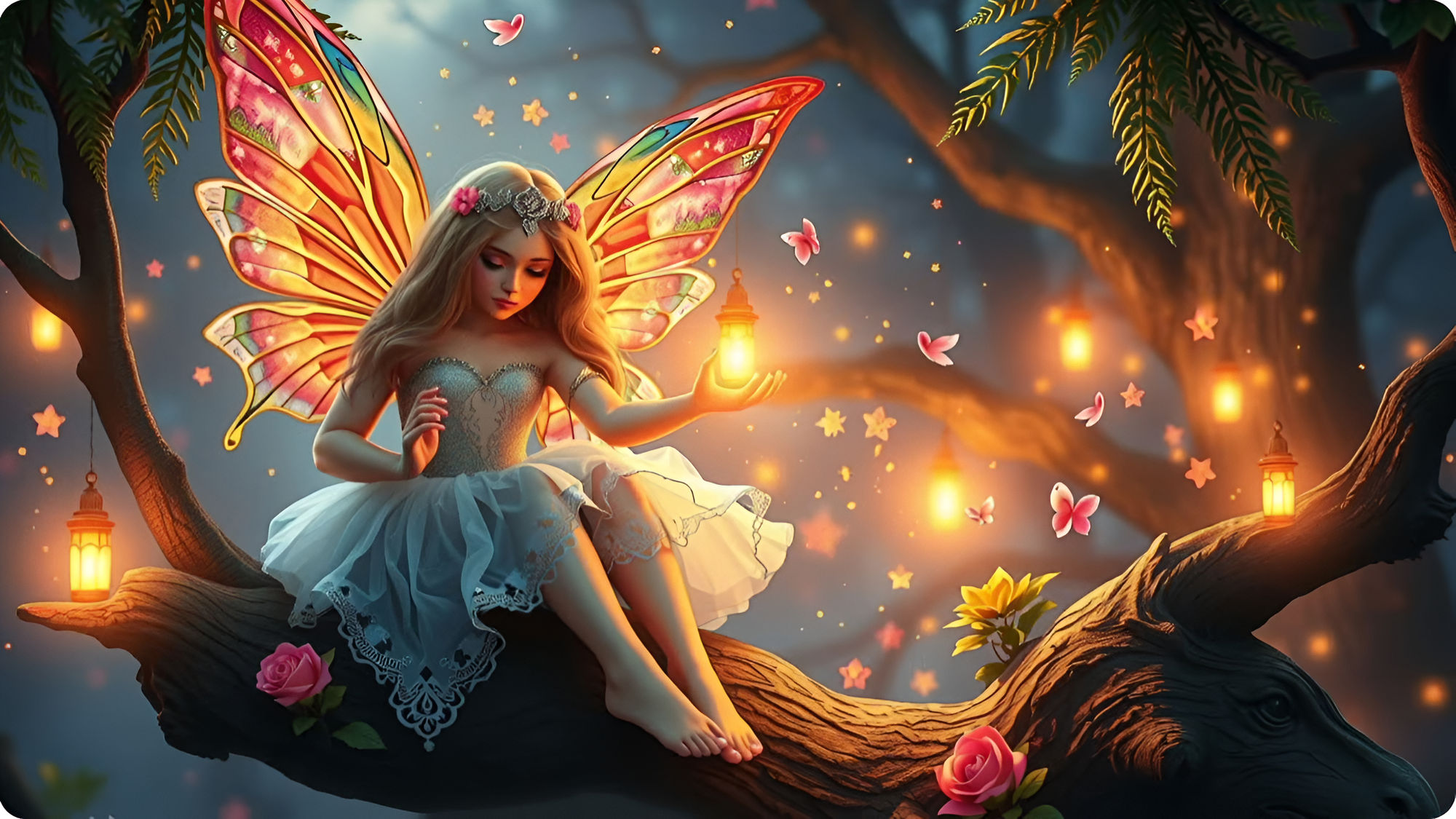 A Fairy With Iridescent Wings Sits on a Tree Branch