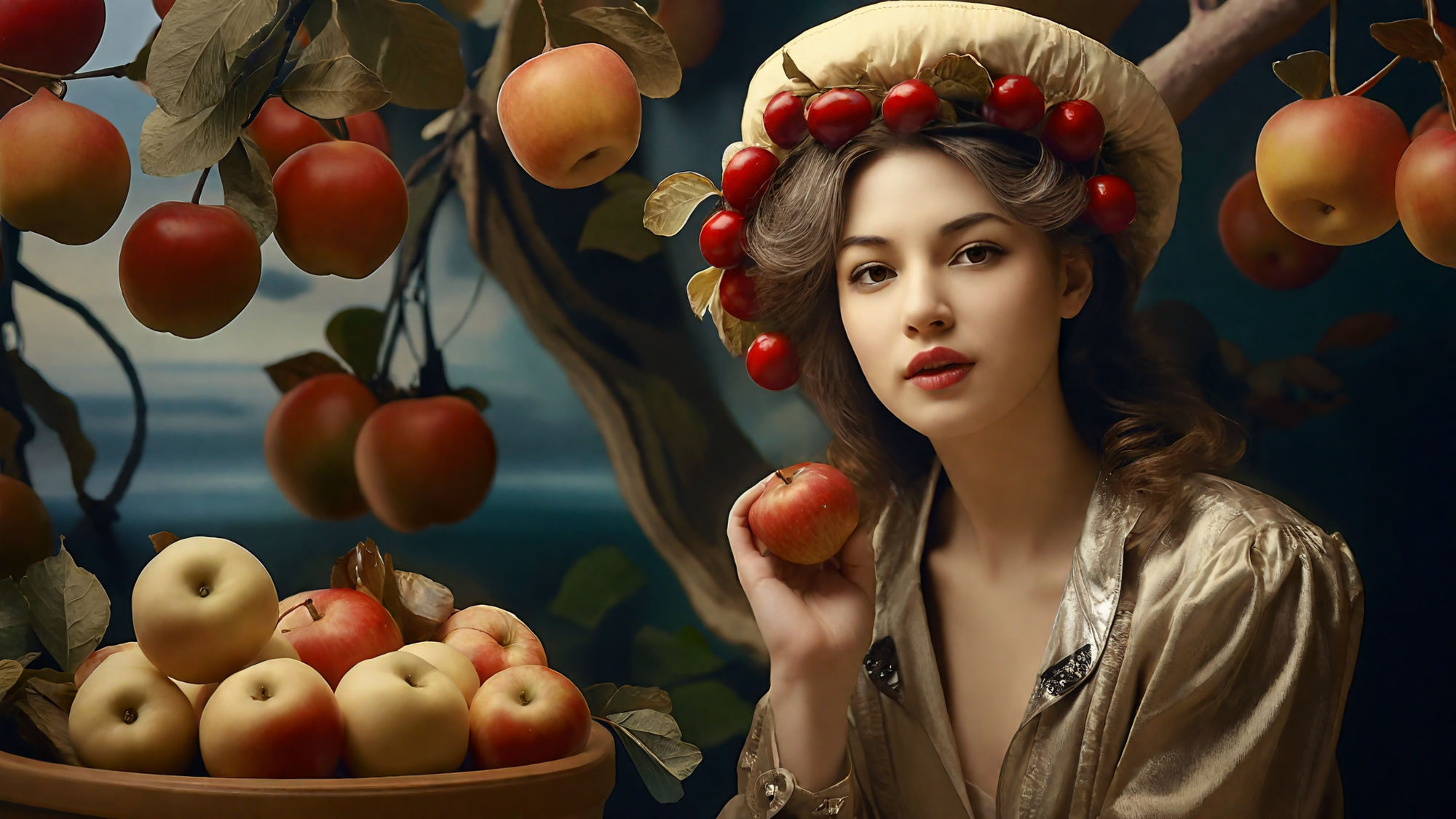 Woman Wearing a Golden Satin Jacket With Apples