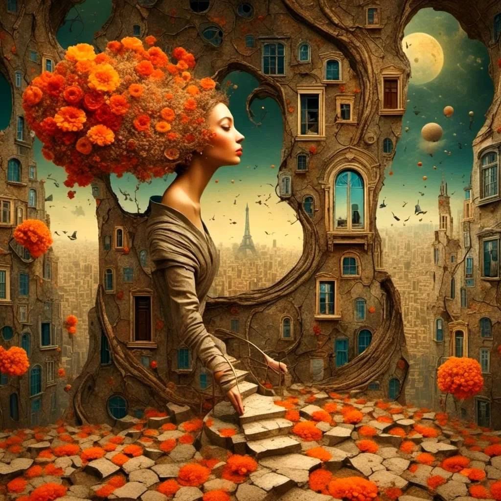 A Surreal Woman With Orange Flowers Headache