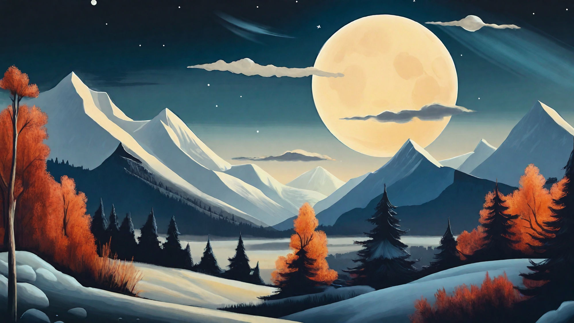 A Snowy Mountain With Trees and Full Moon