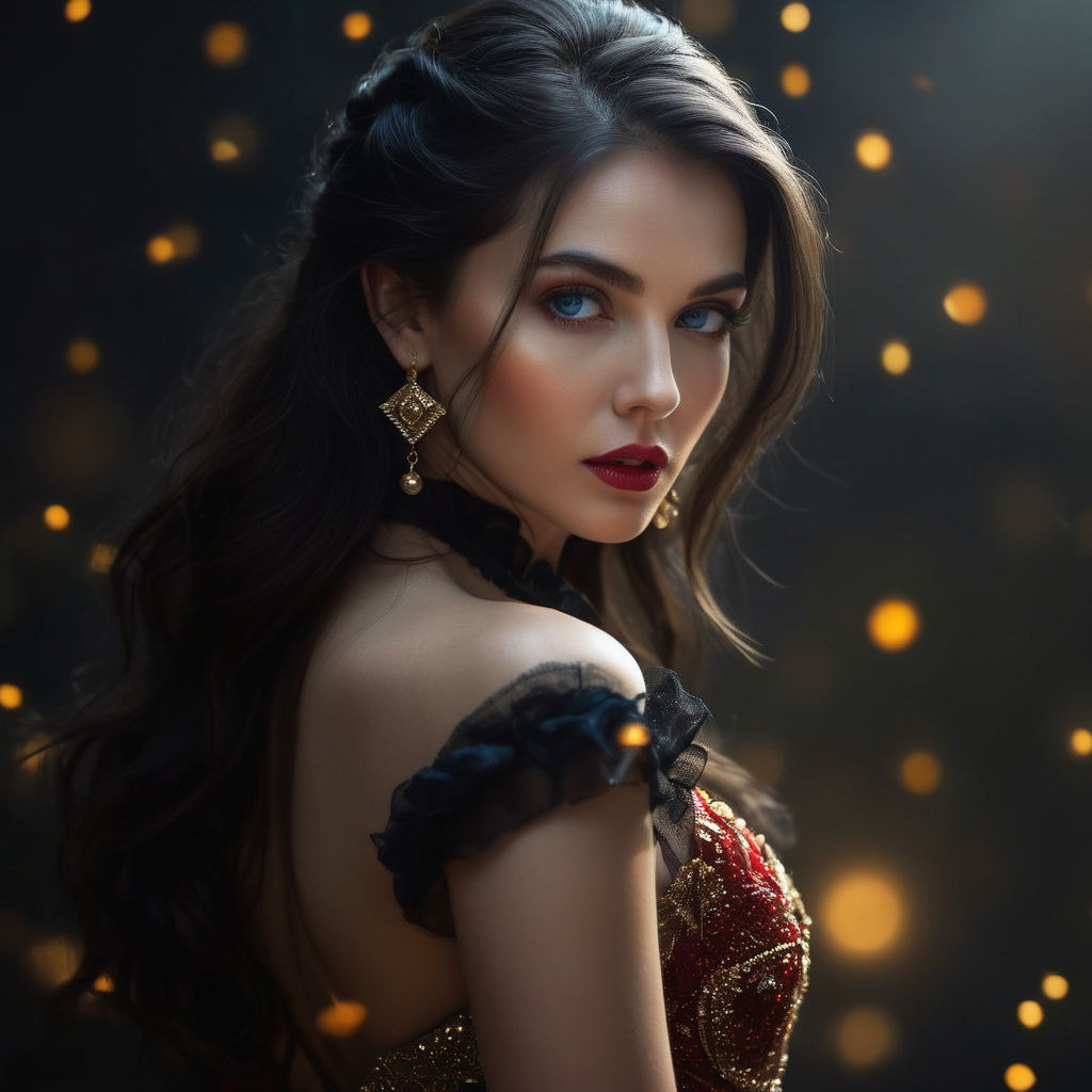 Mysterious Woman in Golden Evening Gown