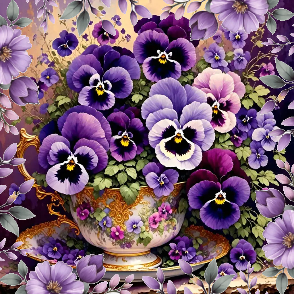 A Teacup Amidst a Bouque of Purple Pansies