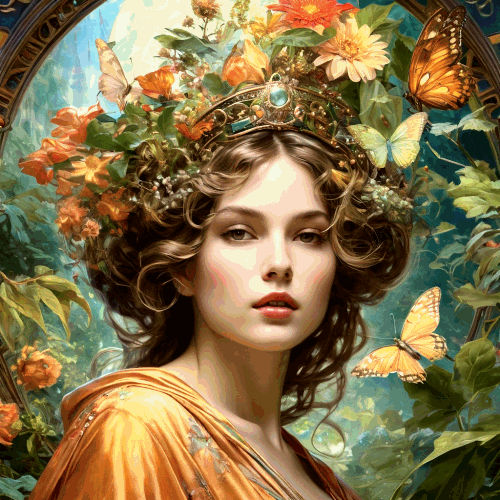 A Beautiful Woman With a Crown of Flowers and Leaves.