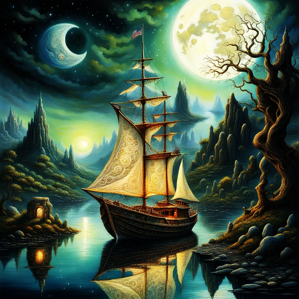 A 19th-Century Sailing Ship Under a Full Moon