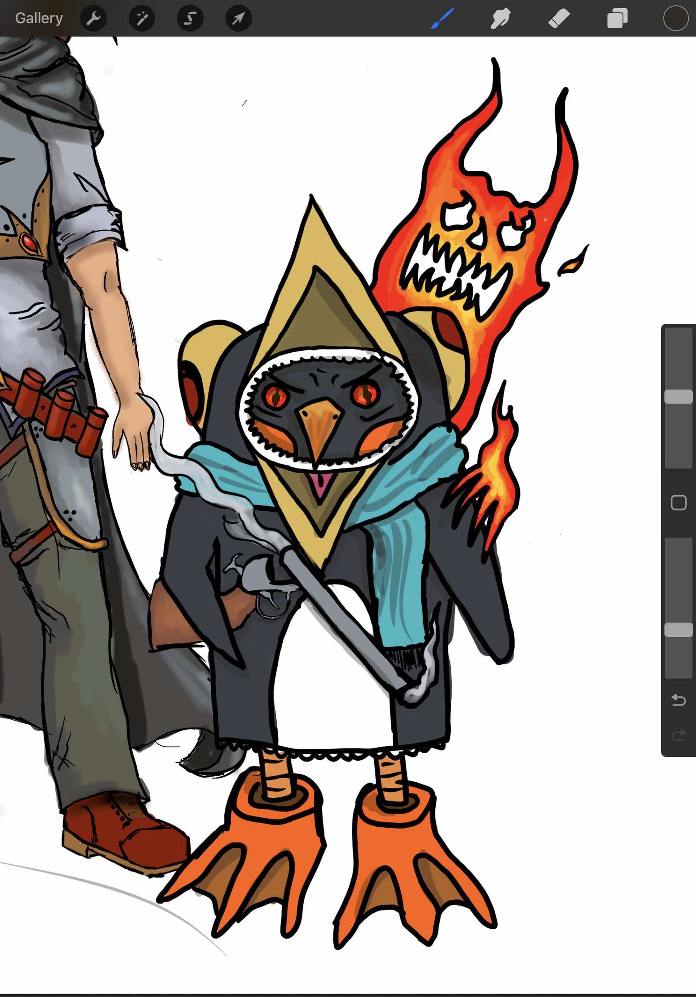 A penguin that has a demon on their shoulder 