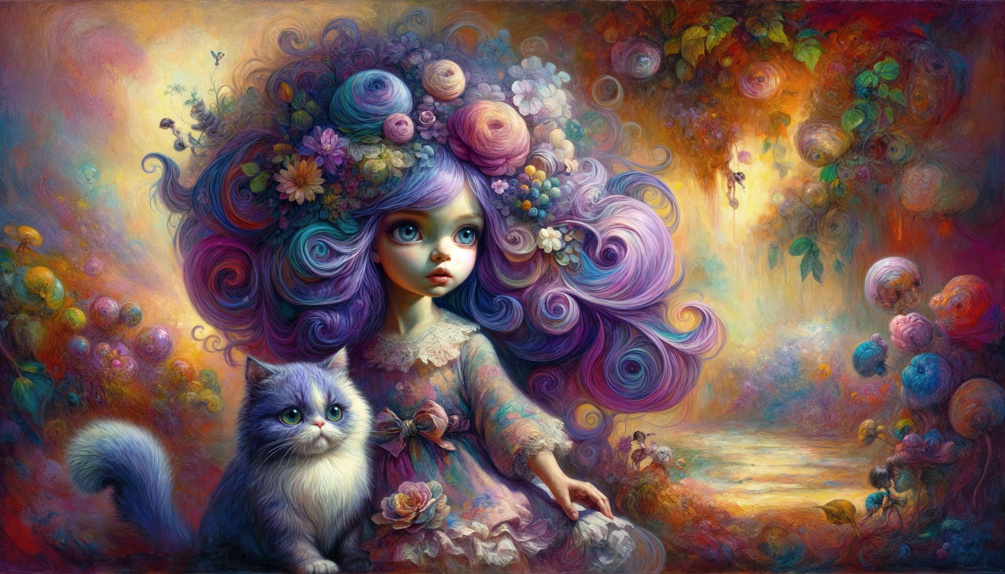 Little purple head girl and her cat2