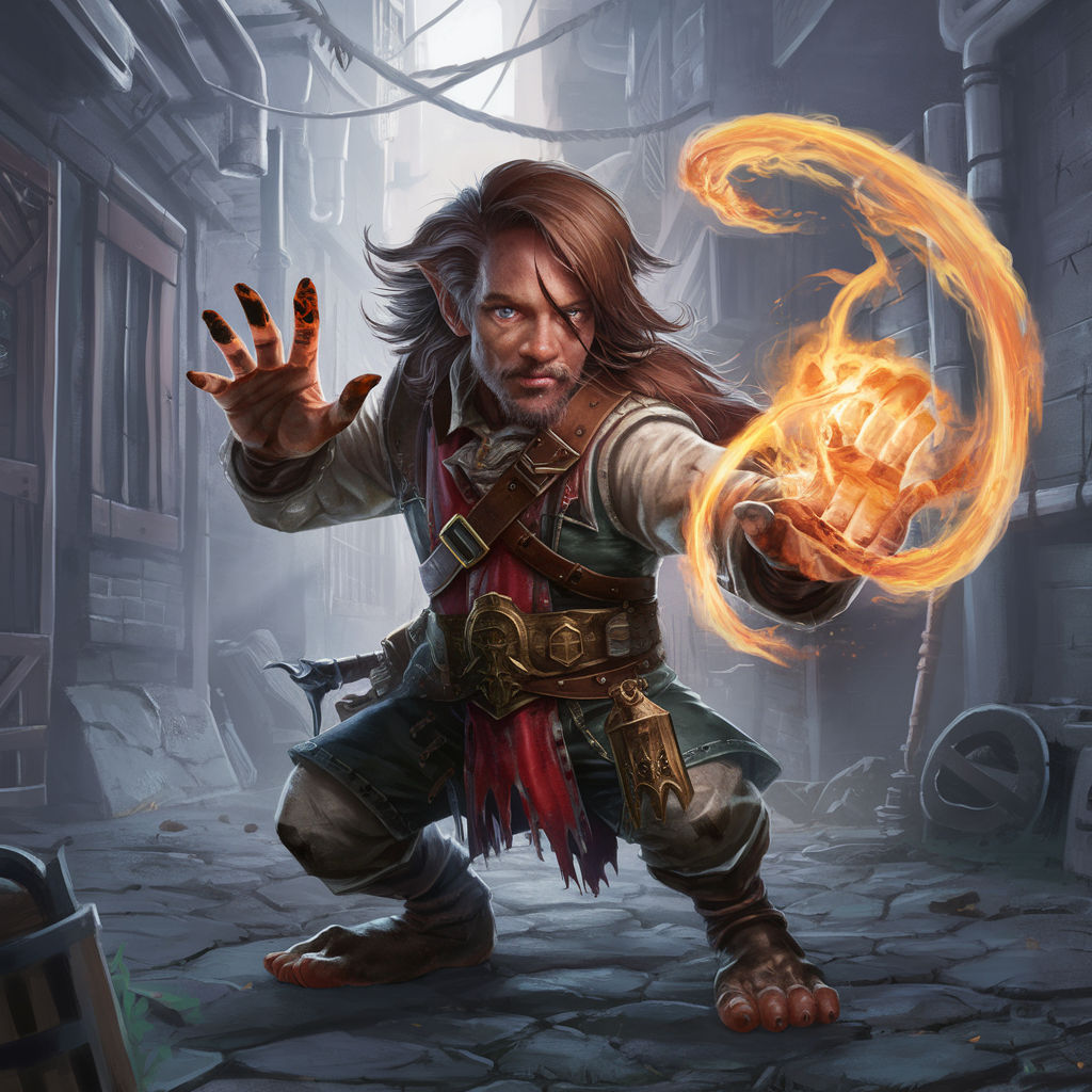 Halfling sorcerer casting burning hands.
