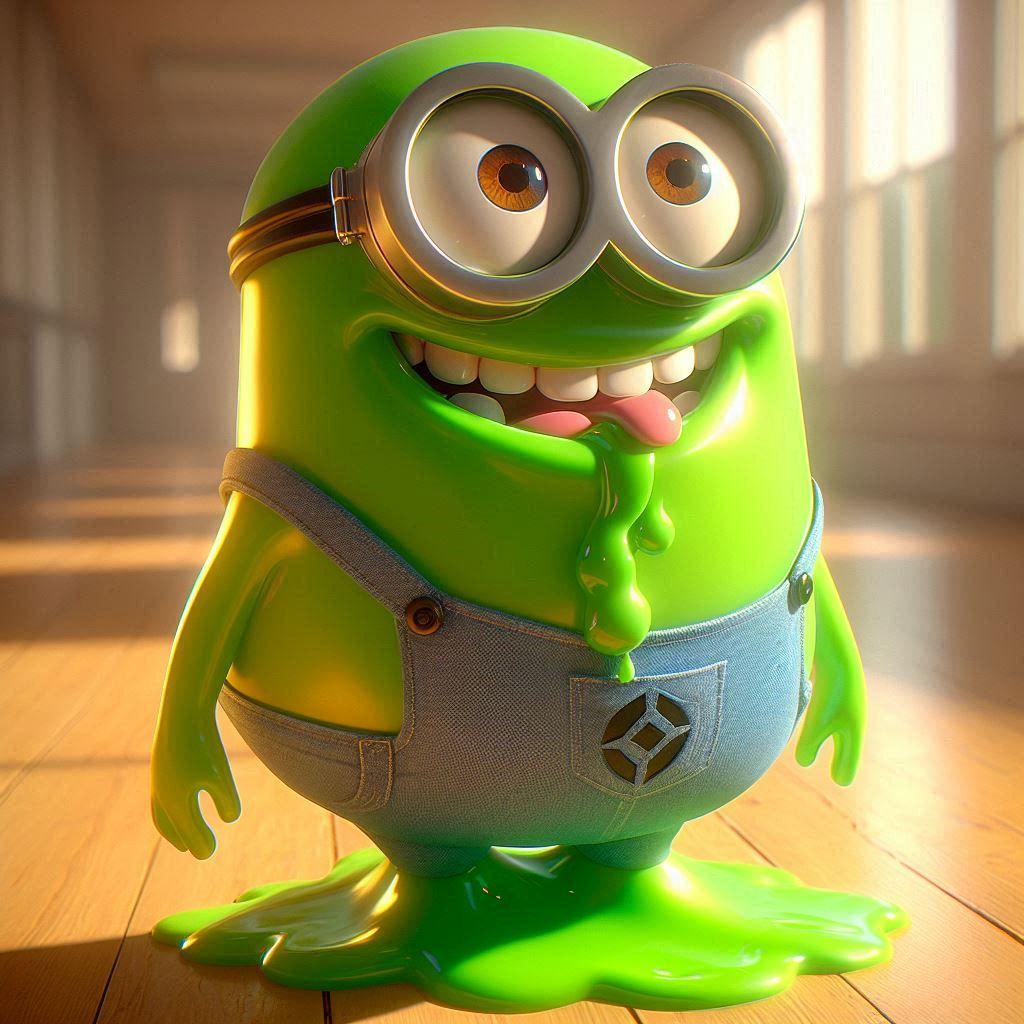 A full-length portrait of a Minion impersonating Slimer, the green glutton ghost . High resolution, cinematics, 3D anime style