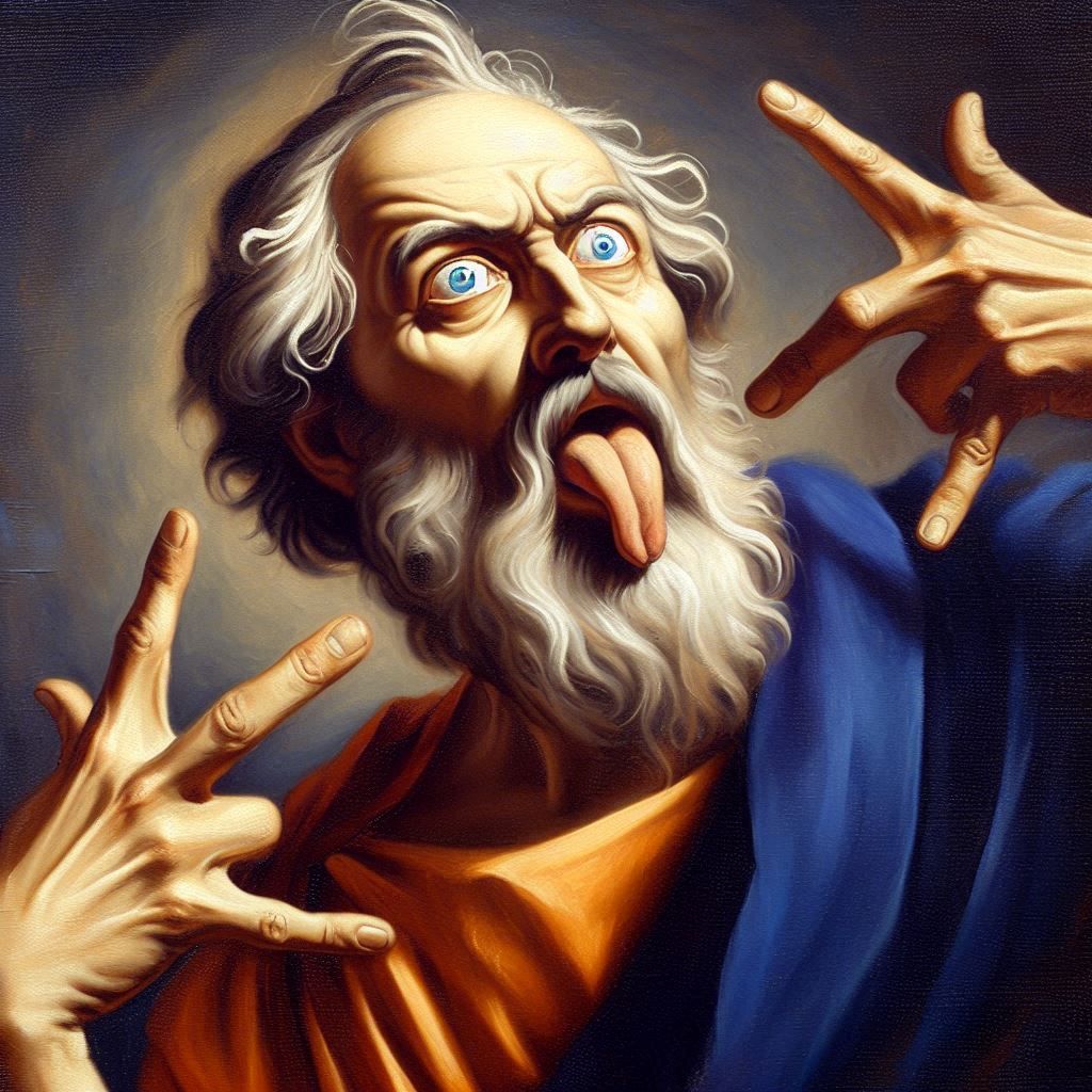 by joseph ducreux, oil painting, full-body derp aristocrat ancient Greece philosoph gang signs, derp grimace expression, rolling eyes, exten...