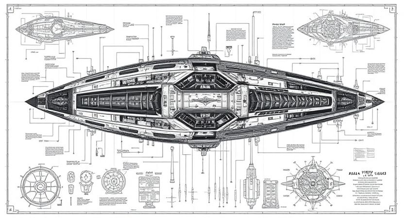 A dieselpunk 1940 circa WW2 german sleek UFO, dark grey  blueprint on white paper.