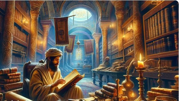 Create a portrait of Paul, the Apostle to the Gentiles, diligently studying parchment on a wooden table, illuminated by the warm glow of a f...