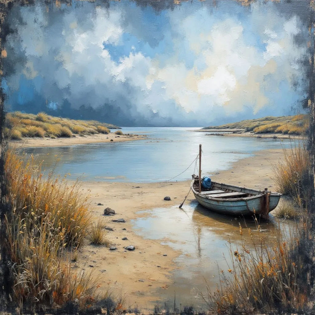 Create a similar image. Add a sea cabin on the left side. Add 4 birds in the distant sky. Add ripples to the water. Green the grass.