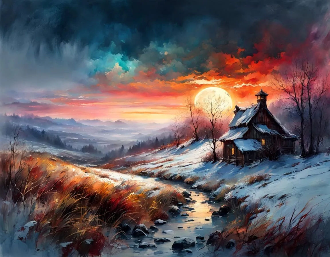 <lora:Impasto-Grunge:1.0> A solitary cabin nestles on a snowy hillside, its windows glowing with the golden promise of warmth against the bl...