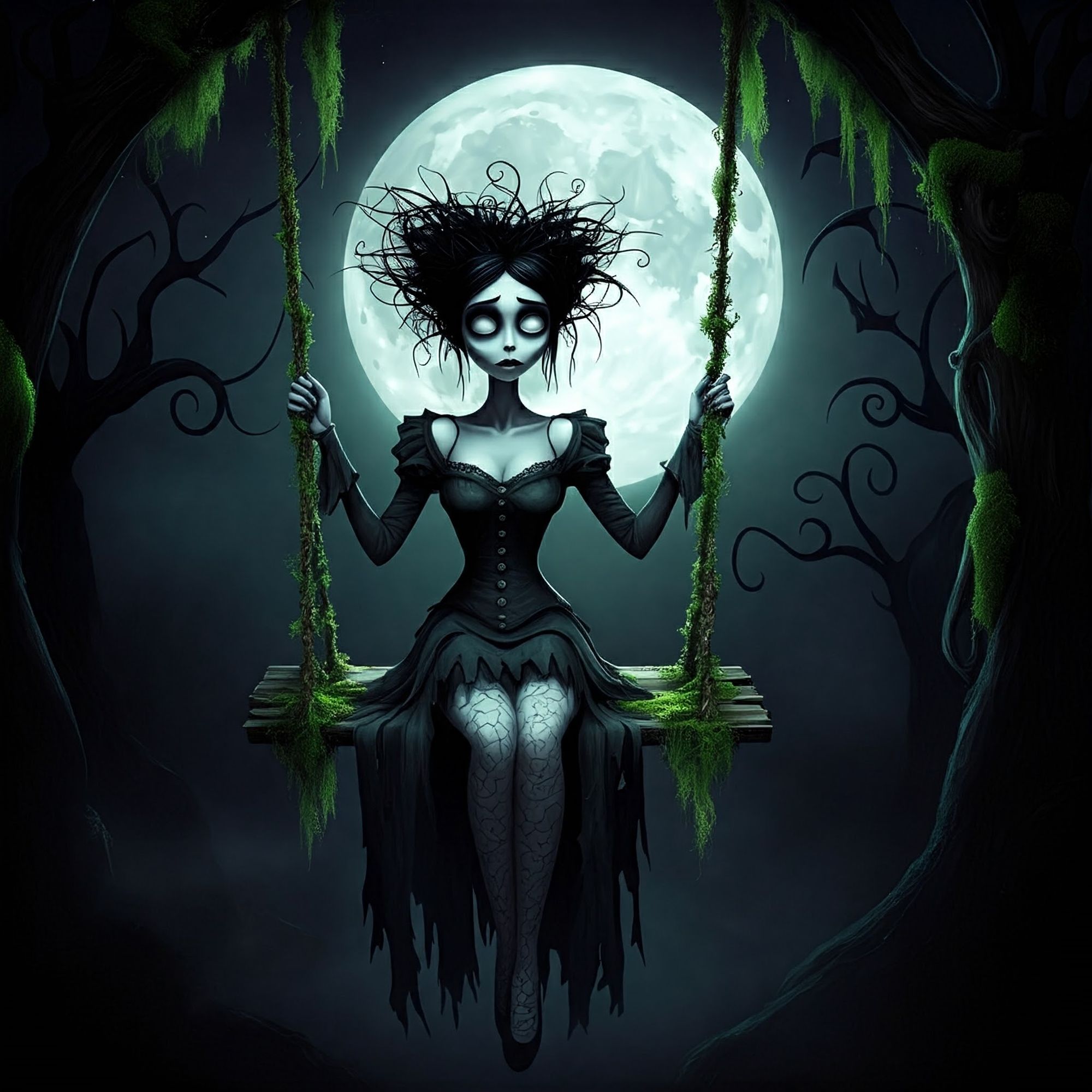 Use the ground of the uploaded picture but make the woman's face like a skull, and let the pictures theme be skull , like Tim Burtons brides...