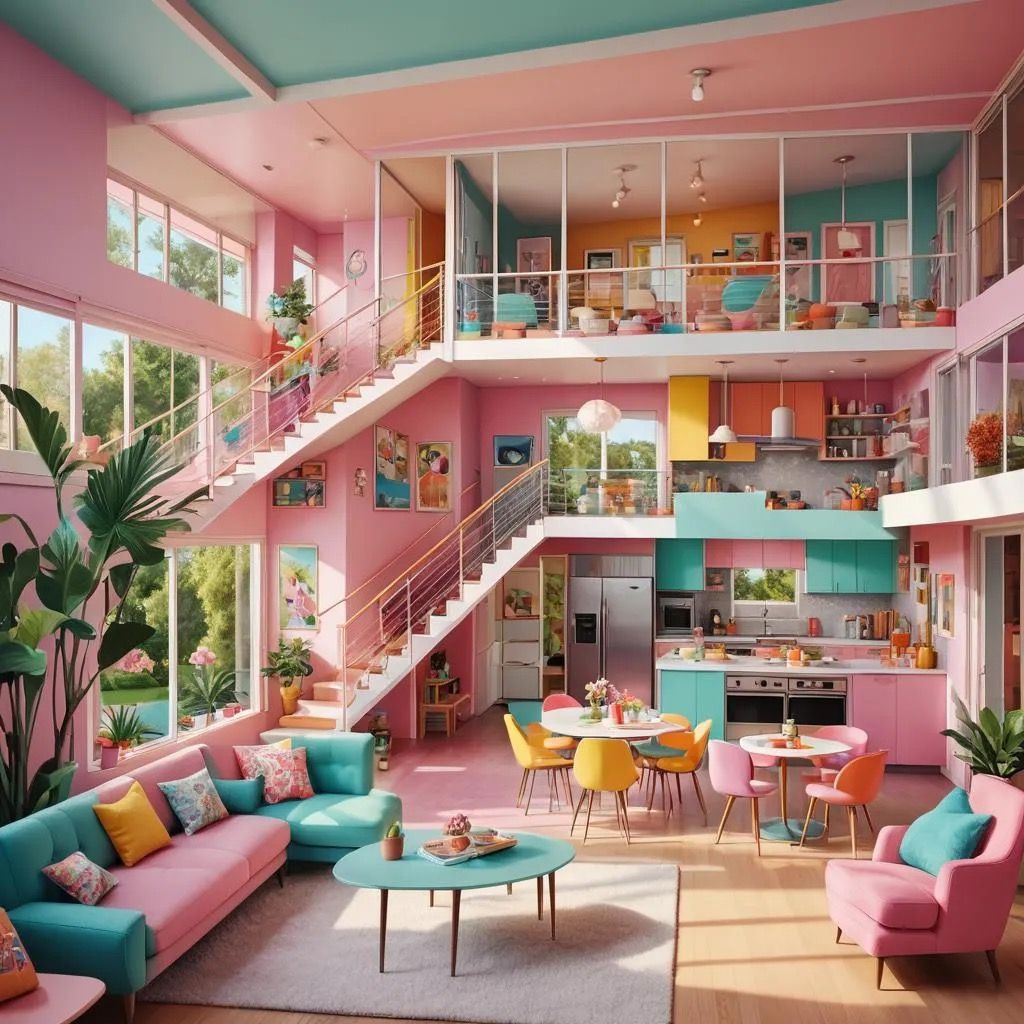 I want to create a mid century modern barbie dream house. I want the dominant color to be bright barbie pink, hot pink, and the supporting c...