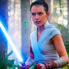 Beautiful Rey Skywalker holding lightsaber in temple. 