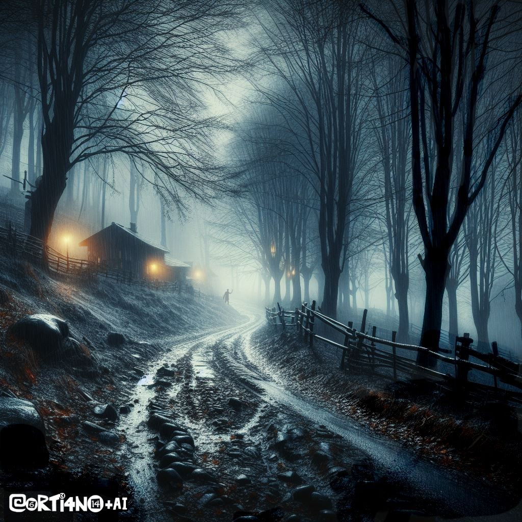 A dark, cold and rainy night with mist on the wet ground and the silhouette of a man at the end of the road.