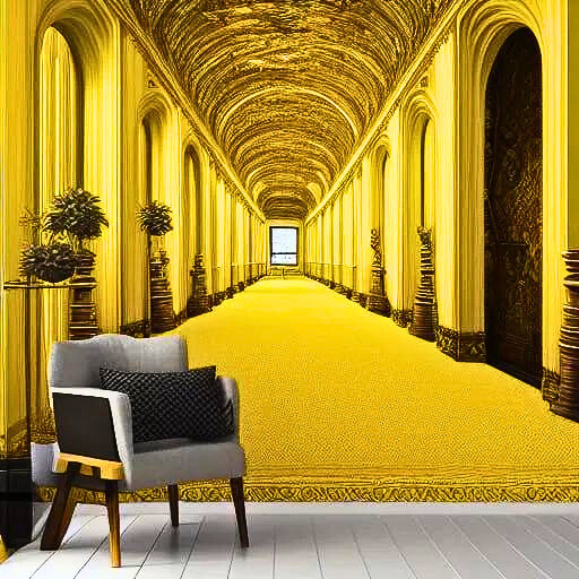 Yellow corridor, gray armchair in the foreground, the room moves into eternity, many doors on both sides of the room, a bright window at the...