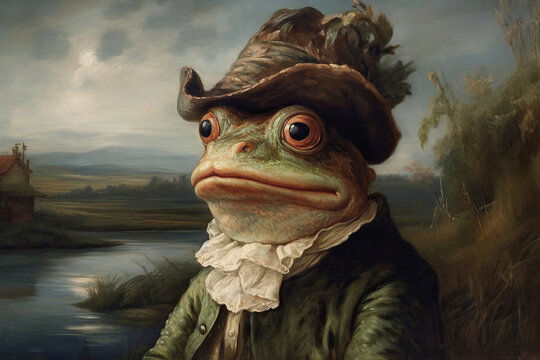 An oil panting of a frog that is wearing a old 18th century suit and a chef hat, he is baking something and is in a dark beautiful forest mo...