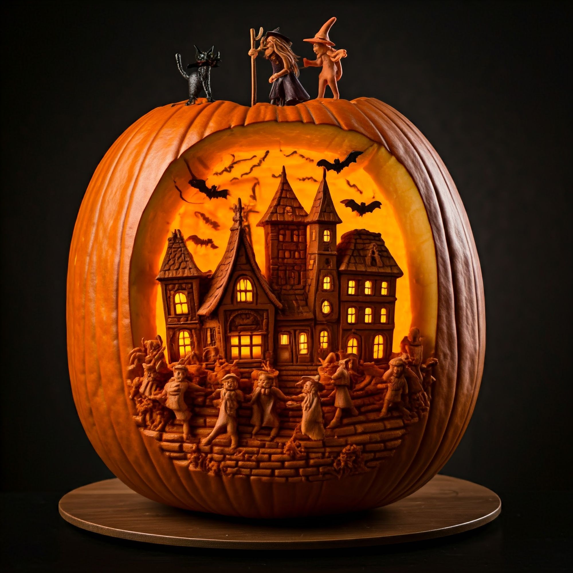 A miniature house inside a carved pumpkin 